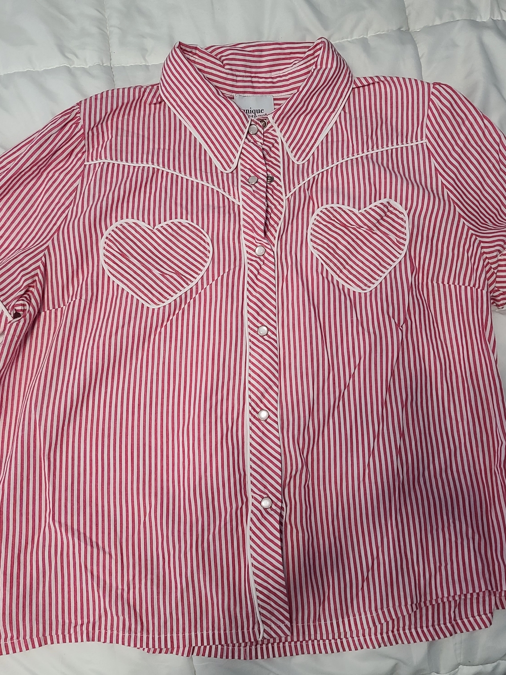 Unique Vintage Red and White Striped Button-Up Shirt with Heart Pockets